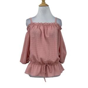 BCX Top Womens S Small Peony Pink Cold Off Shoulder Drawstring Waist Tie Peplum